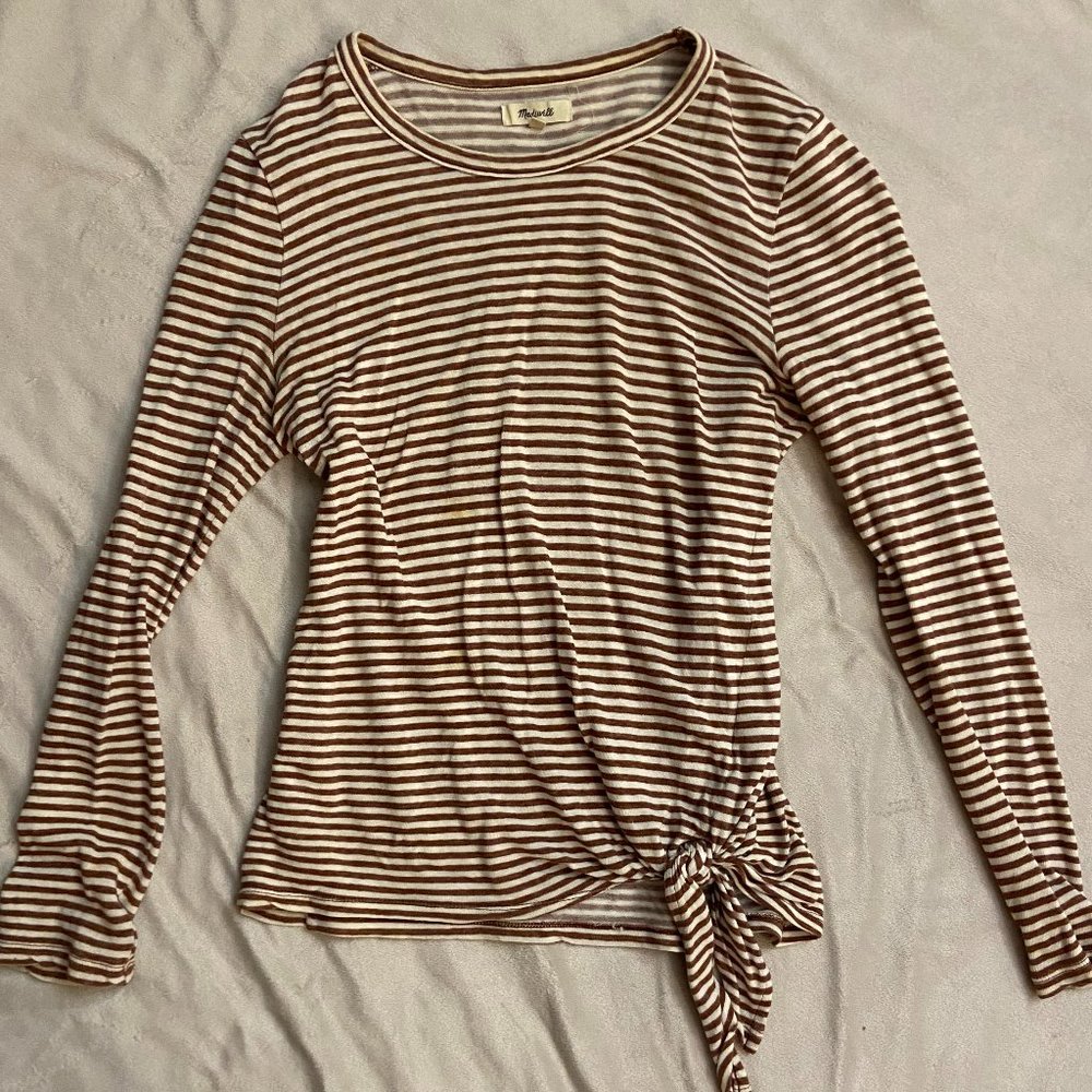 Madewell Brown & White Striped Tee, Size Medium